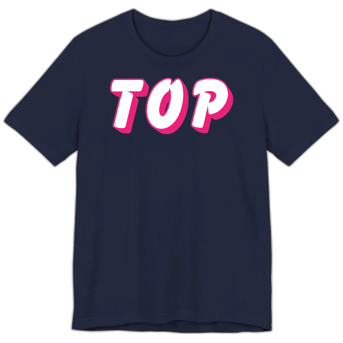 Bold hot pink TOP typography with 3D dimensional shadow effect and white lettering on gray background in Navy