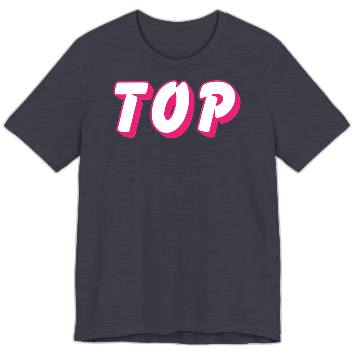 Bold hot pink TOP typography with 3D dimensional shadow effect and white lettering on gray background in Heather Midnight Navy