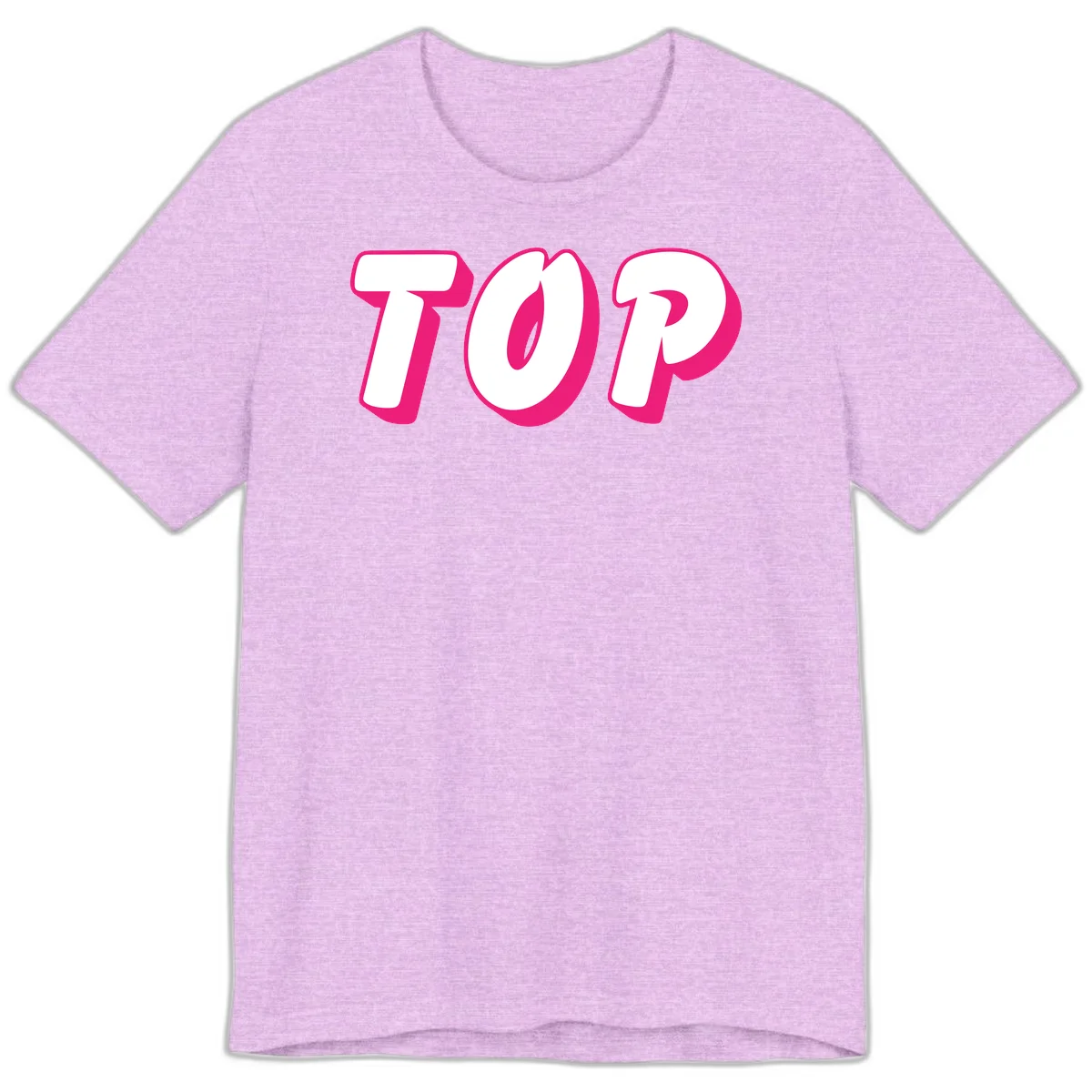 Bold hot pink TOP typography with 3D dimensional shadow effect and white lettering on gray background in Heather Prism Lilac
