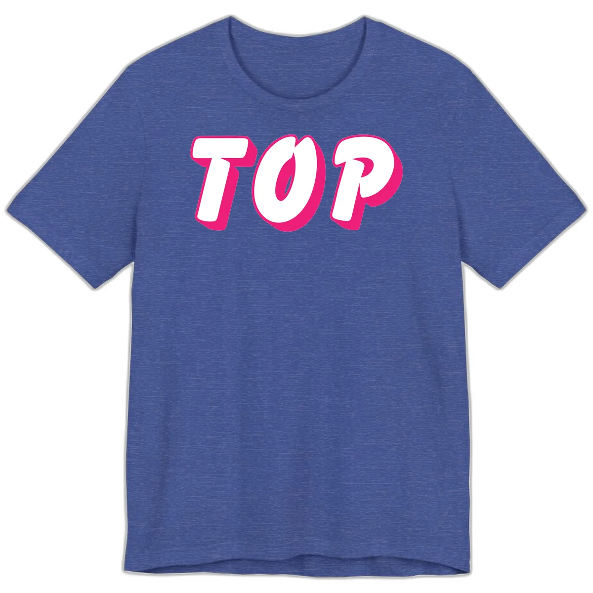 Bold hot pink TOP typography with 3D dimensional shadow effect and white lettering on gray background in Heather True Royal