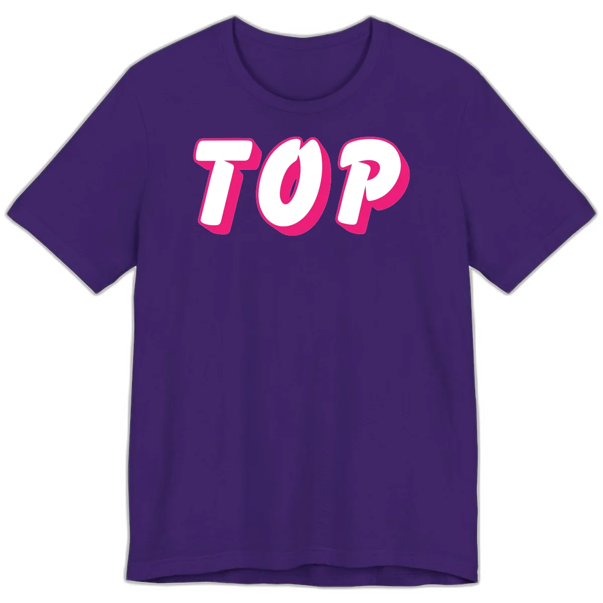 Bold hot pink TOP typography with 3D dimensional shadow effect and white lettering on gray background in Team Purple