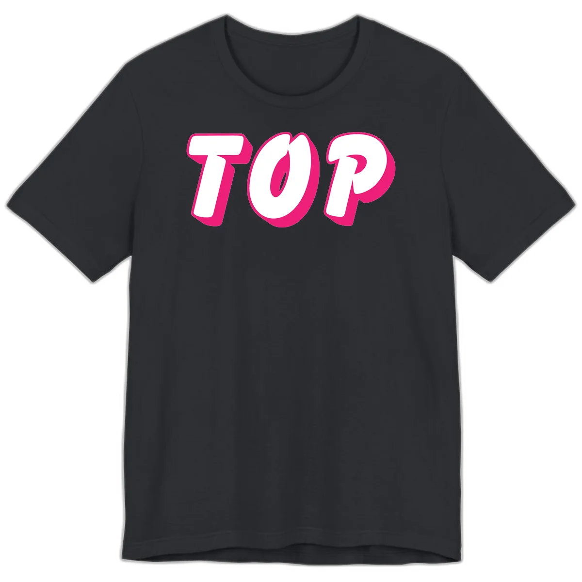 Bold hot pink TOP typography with 3D dimensional shadow effect and white lettering on gray background in Vintage Black