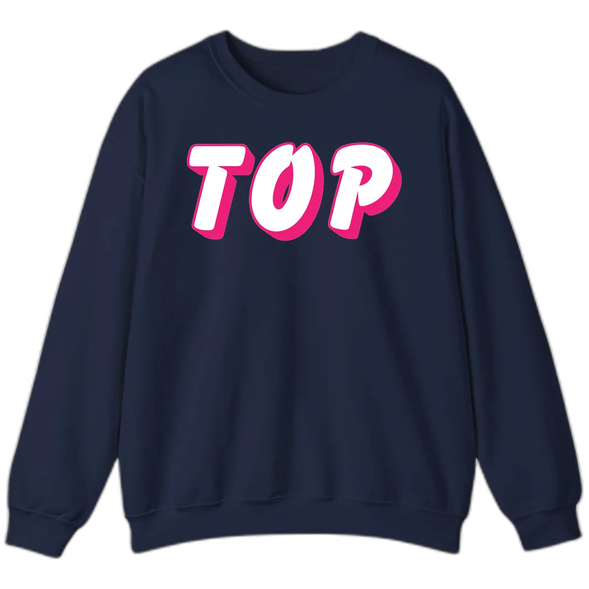 Bold hot pink TOP typography with 3D dimensional shadow effect and white lettering on gray background in Navy