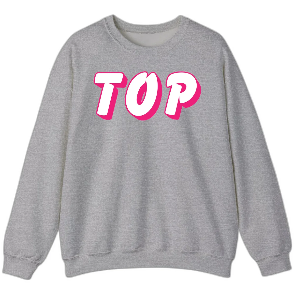 Bold hot pink TOP typography with 3D dimensional shadow effect and white lettering on gray background in Sport Grey
