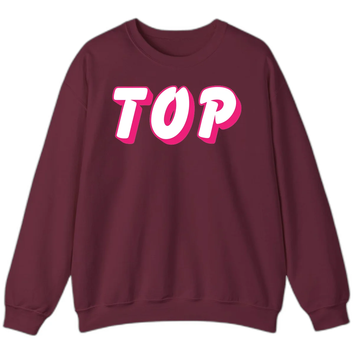 Bold hot pink TOP typography with 3D dimensional shadow effect and white lettering on gray background in Maroon