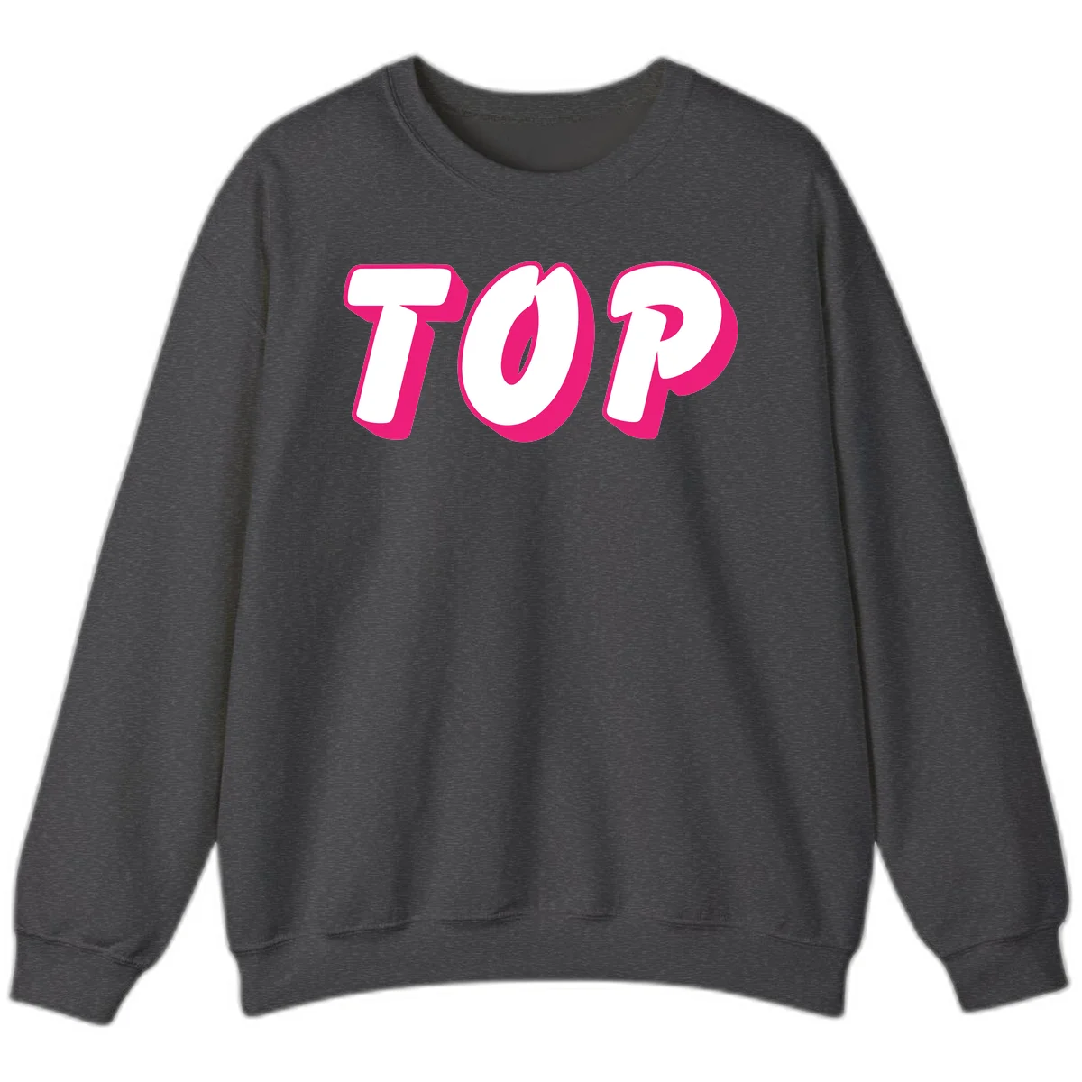 Bold hot pink TOP typography with 3D dimensional shadow effect and white lettering on gray background in Dark Heather