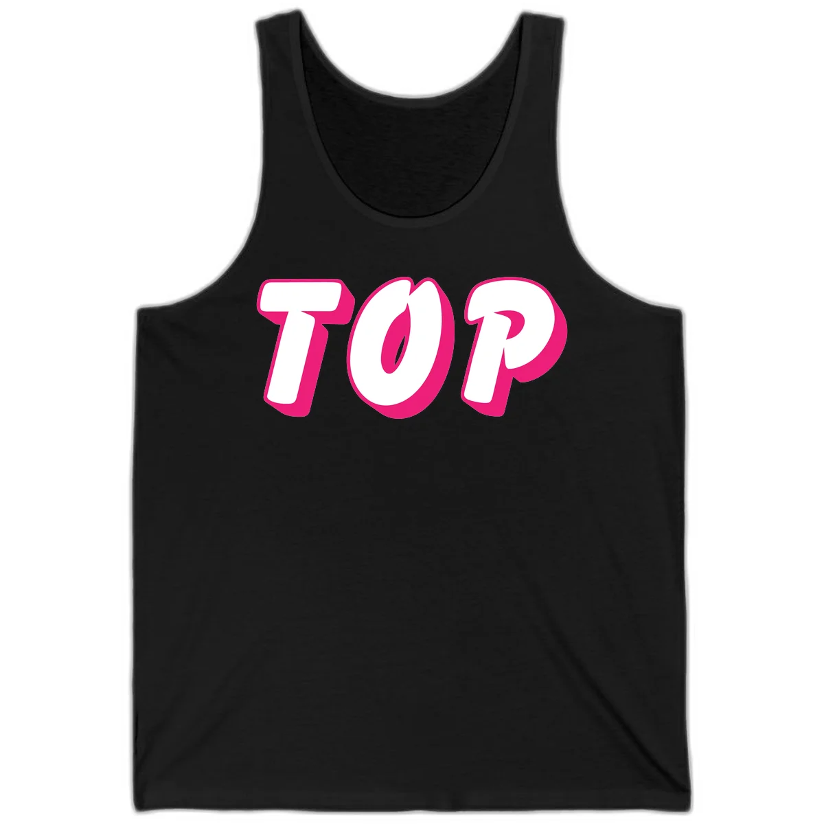 Bold hot pink TOP typography with 3D dimensional shadow effect and white lettering on gray background in Black