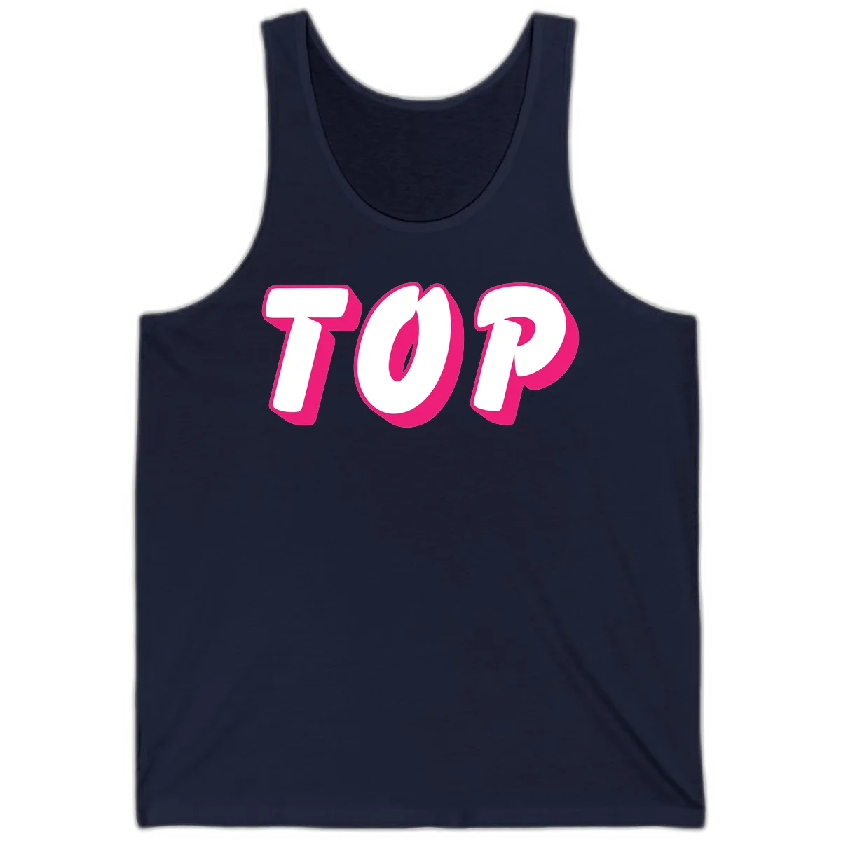 Bold hot pink TOP typography with 3D dimensional shadow effect and white lettering on gray background in Navy