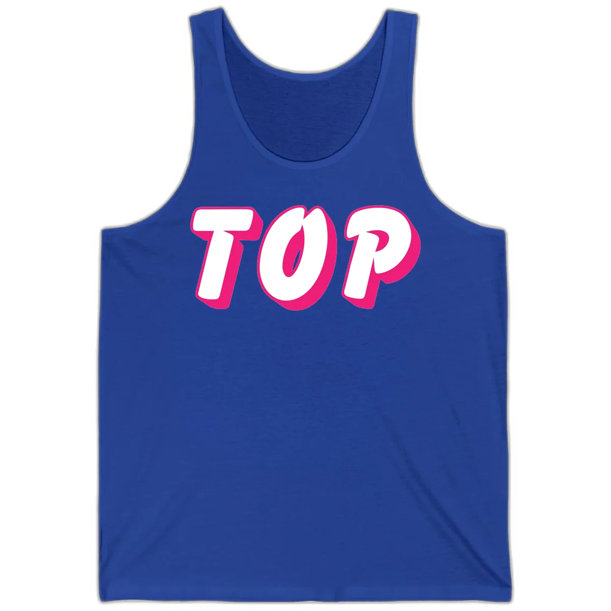 Bold hot pink TOP typography with 3D dimensional shadow effect and white lettering on gray background in True Royal