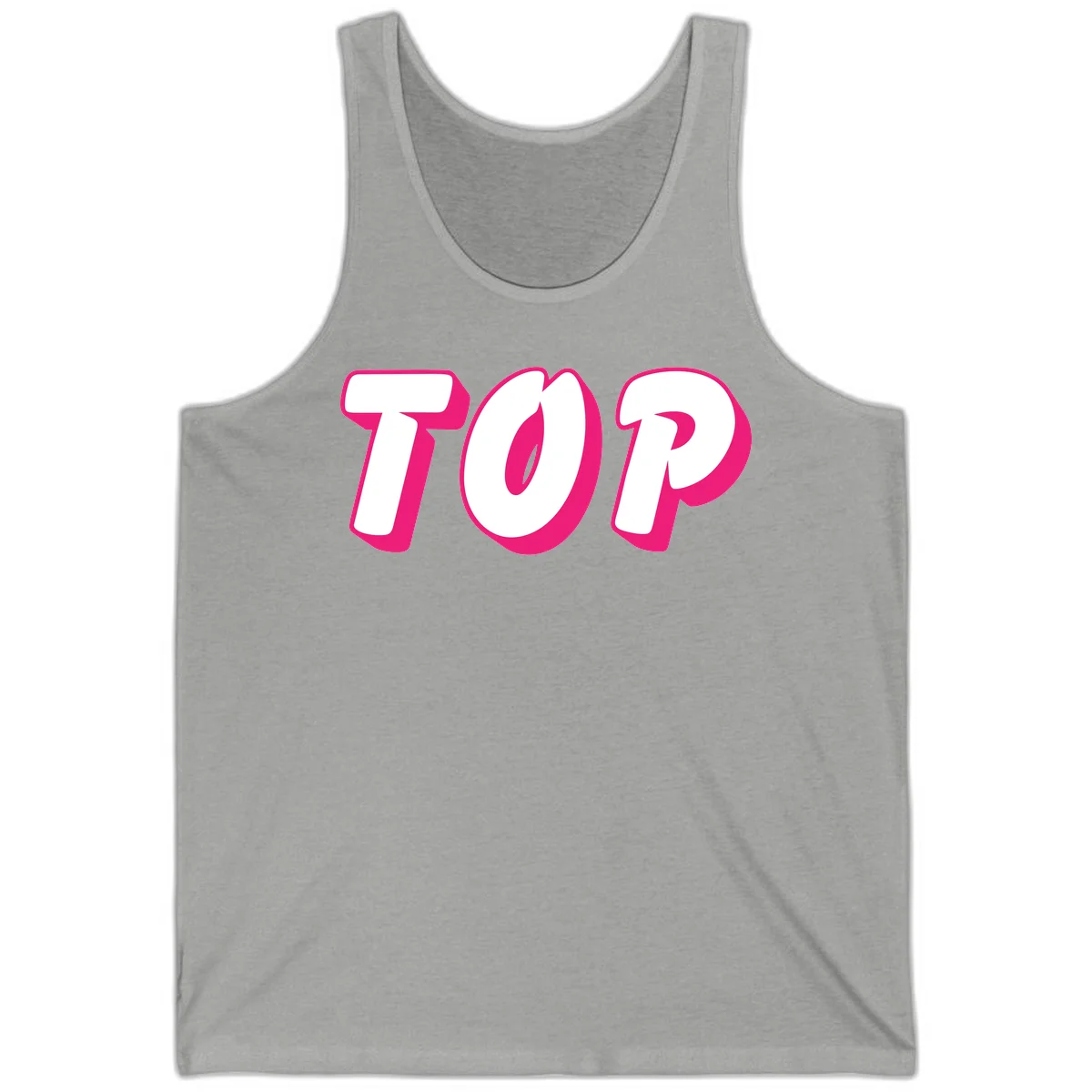 Bold hot pink TOP typography with 3D dimensional shadow effect and white lettering on gray background in Athletic Heather