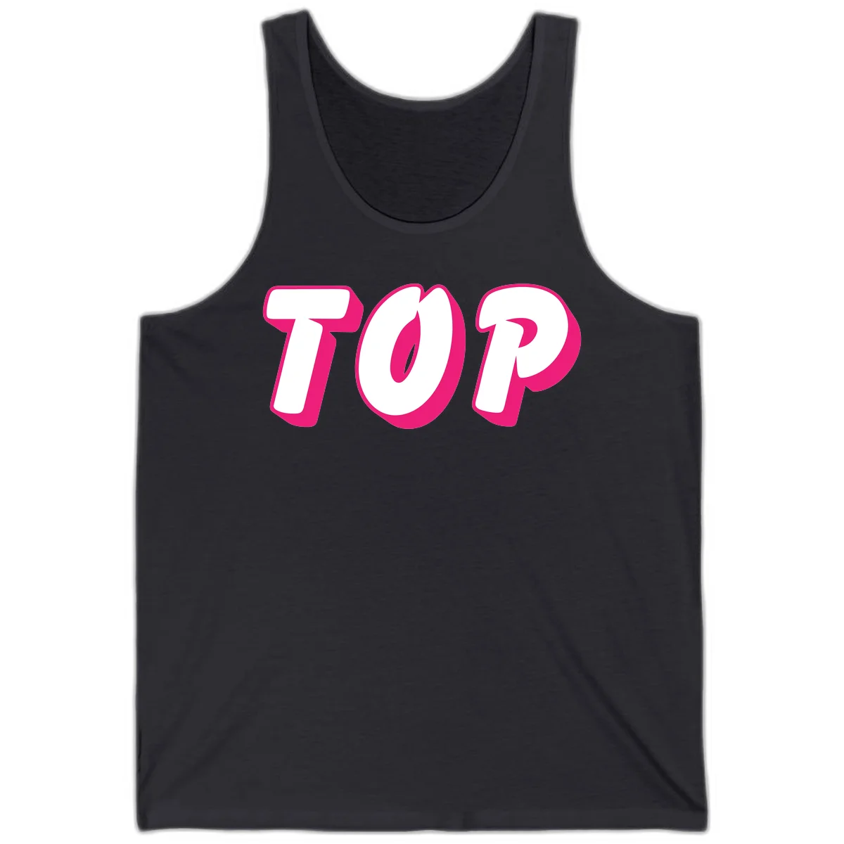 Bold hot pink TOP typography with 3D dimensional shadow effect and white lettering on gray background in Dark Grey