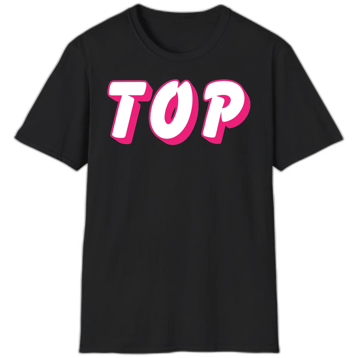 Bold hot pink TOP typography with 3D dimensional shadow effect and white lettering on gray background in Black