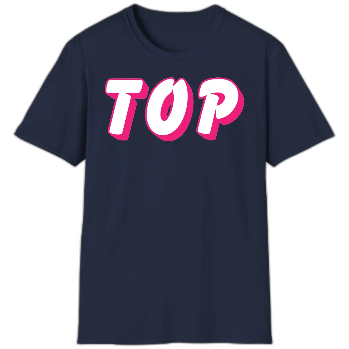 Bold hot pink TOP typography with 3D dimensional shadow effect and white lettering on gray background in Navy