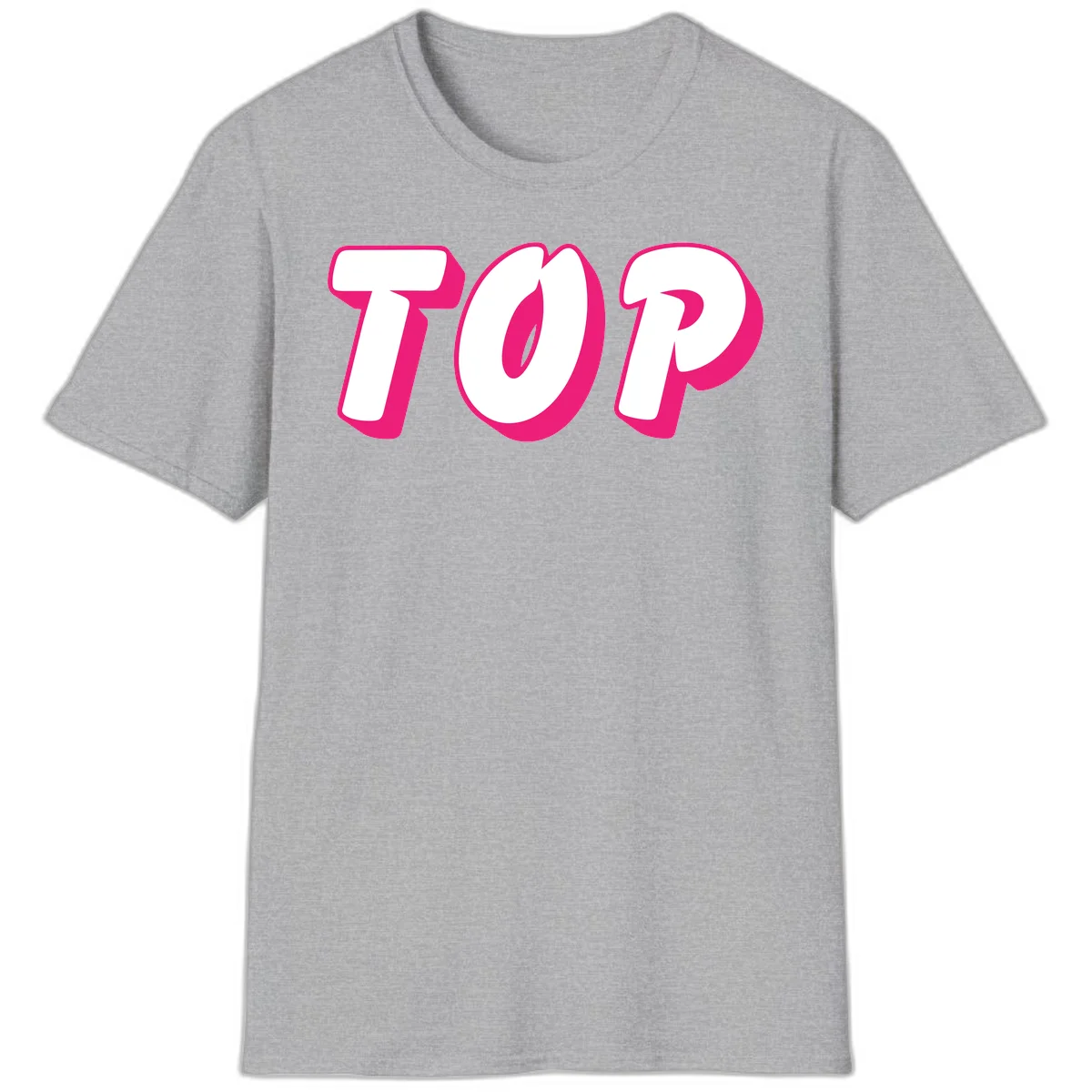 Bold hot pink TOP typography with 3D dimensional shadow effect and white lettering on gray background in Sport Grey