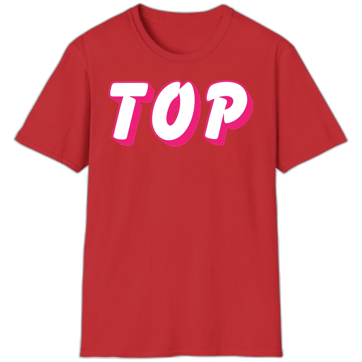 Bold hot pink TOP typography with 3D dimensional shadow effect and white lettering on gray background in Red