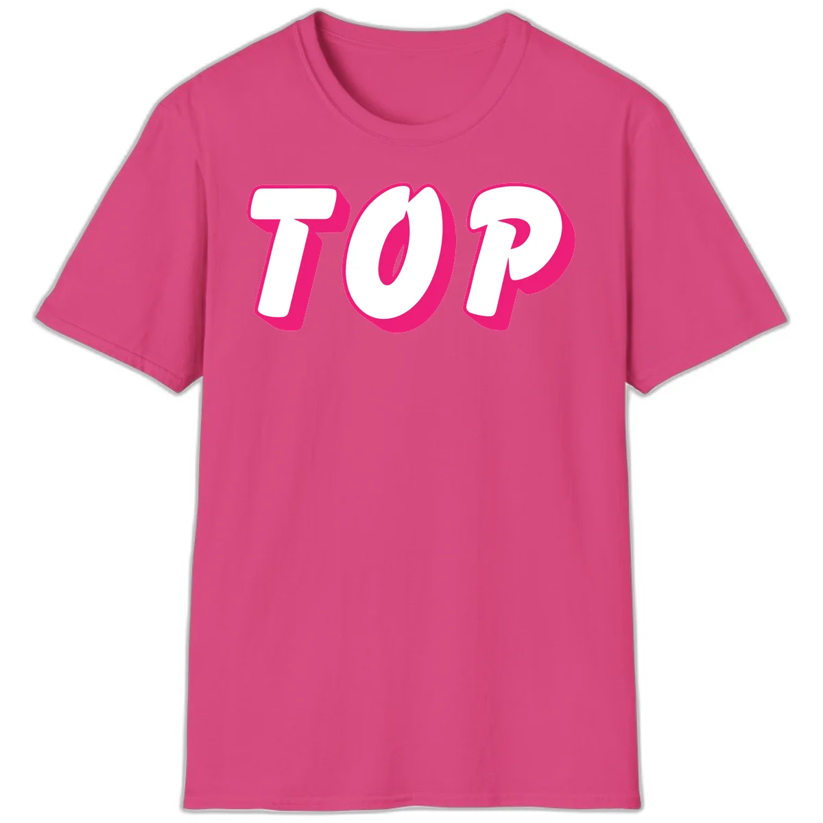 Bold hot pink TOP typography with 3D dimensional shadow effect and white lettering on gray background in Heliconia