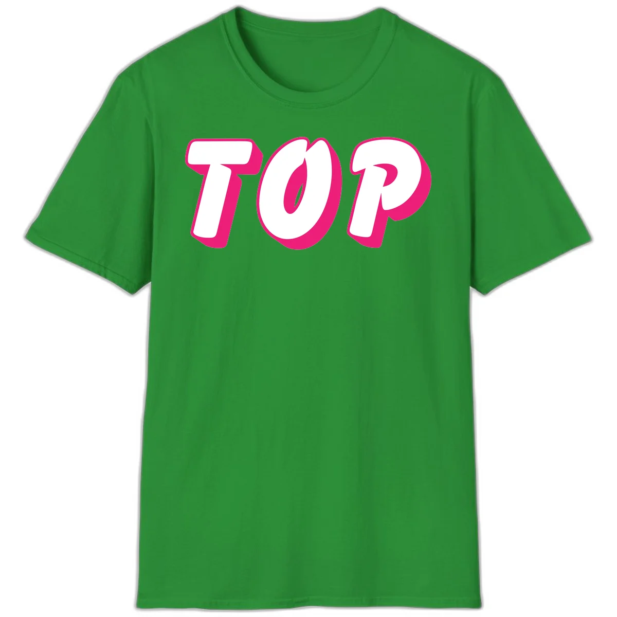 Bold hot pink TOP typography with 3D dimensional shadow effect and white lettering on gray background in Irish Green