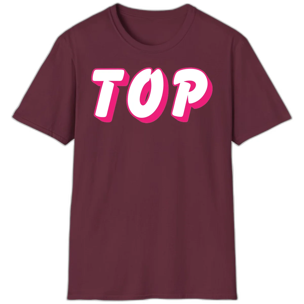 Bold hot pink TOP typography with 3D dimensional shadow effect and white lettering on gray background in Maroon