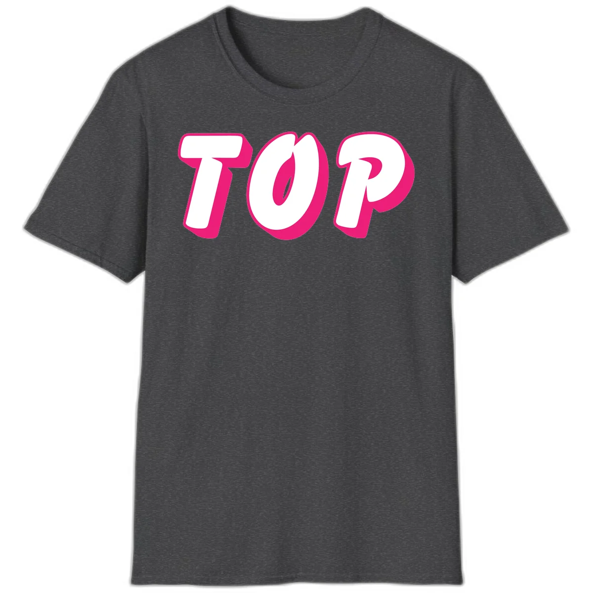 Bold hot pink TOP typography with 3D dimensional shadow effect and white lettering on gray background in Dark Heather