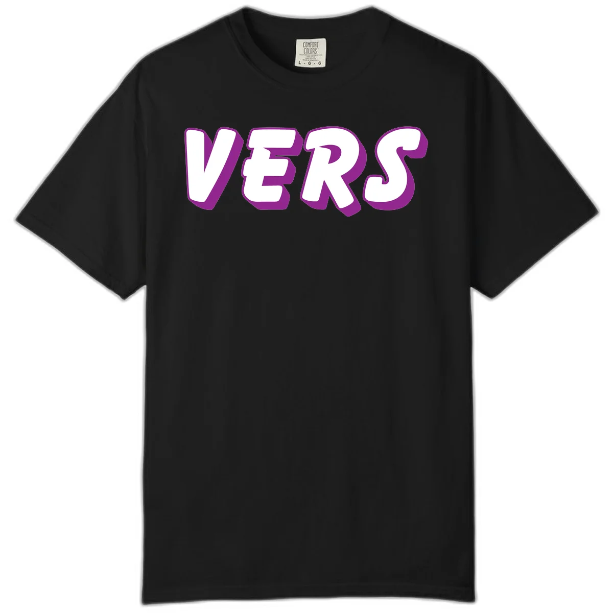 Bold purple and white 3D lettering spelling 'VERS' on gray background, vers pride statement design in Black