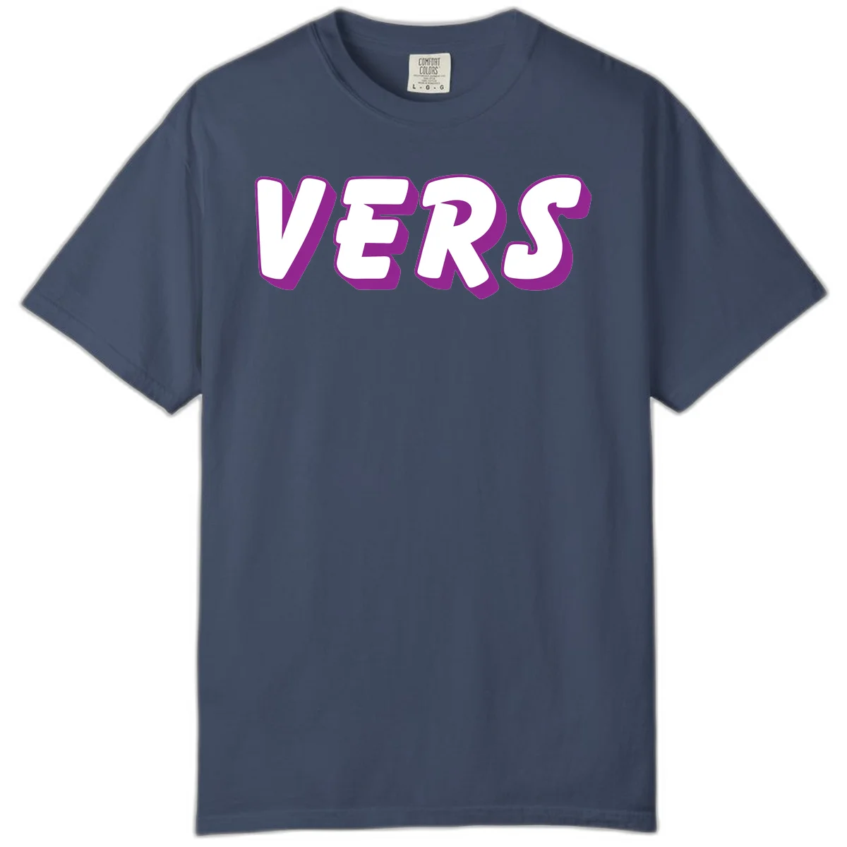 Bold purple and white 3D lettering spelling 'VERS' on gray background, vers pride statement design in Midnight