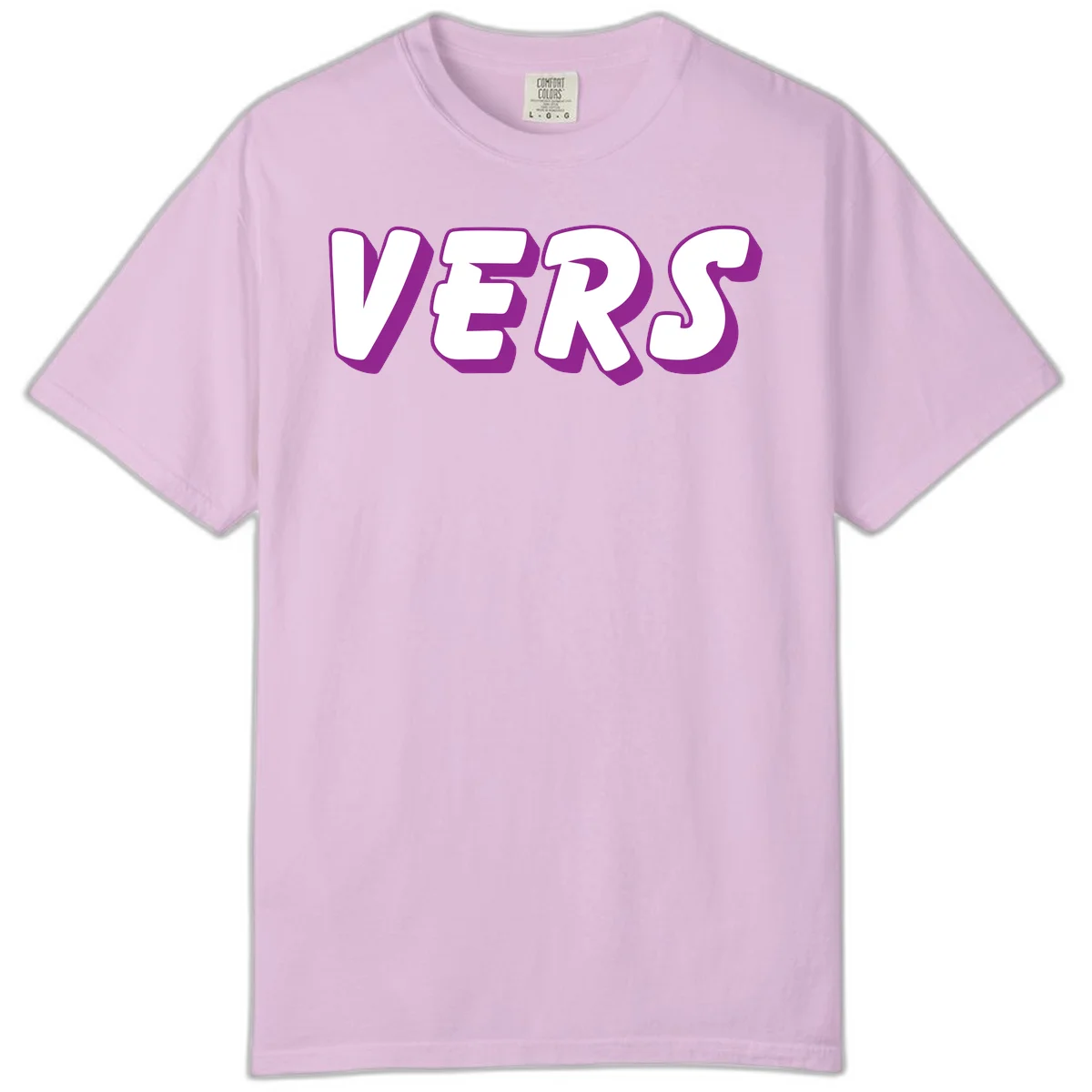 Bold purple and white 3D lettering spelling 'VERS' on gray background, vers pride statement design in Orchid