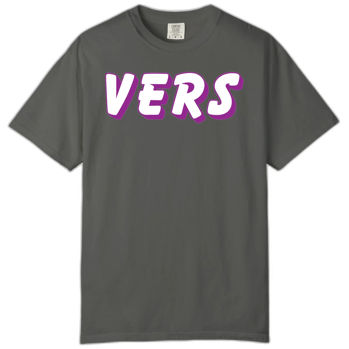 Bold purple and white 3D lettering spelling 'VERS' on gray background, vers pride statement design in Pepper