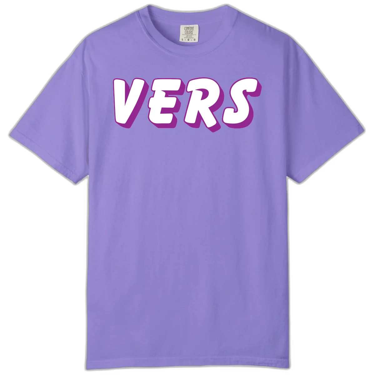 Bold purple and white 3D lettering spelling 'VERS' on gray background, vers pride statement design in Violet