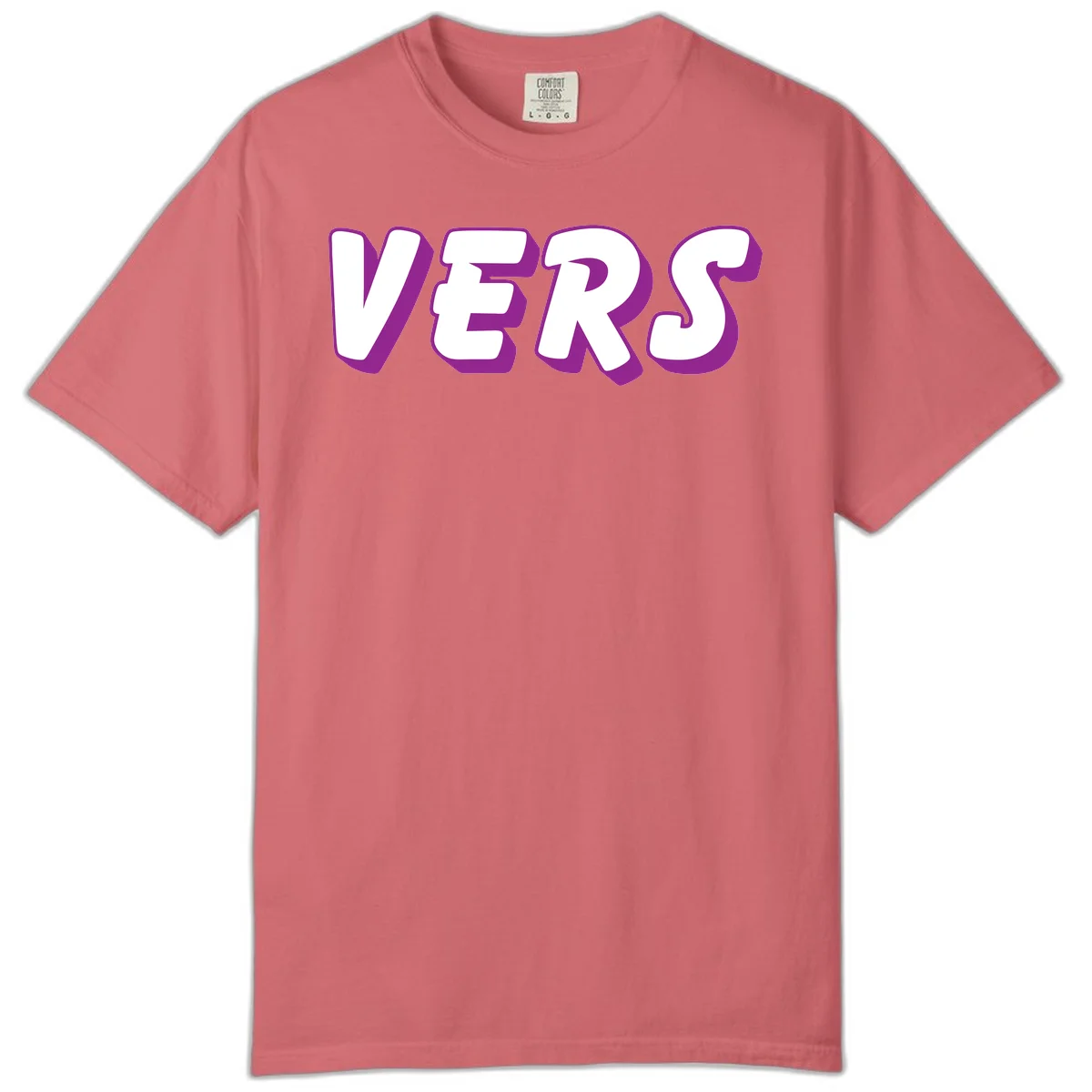 Bold purple and white 3D lettering spelling 'VERS' on gray background, vers pride statement design in Watermelon