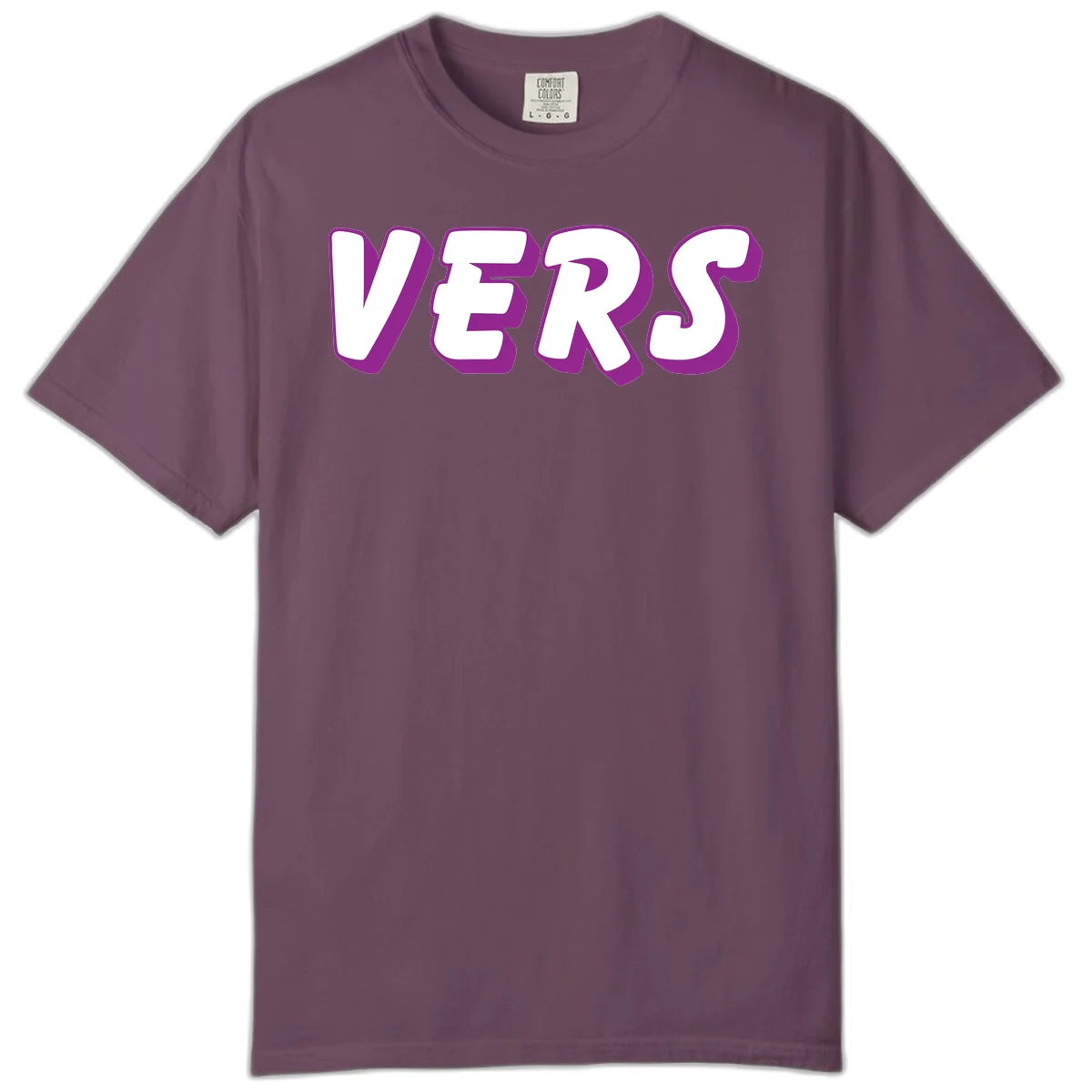 Bold purple and white 3D lettering spelling 'VERS' on gray background, vers pride statement design in Berry
