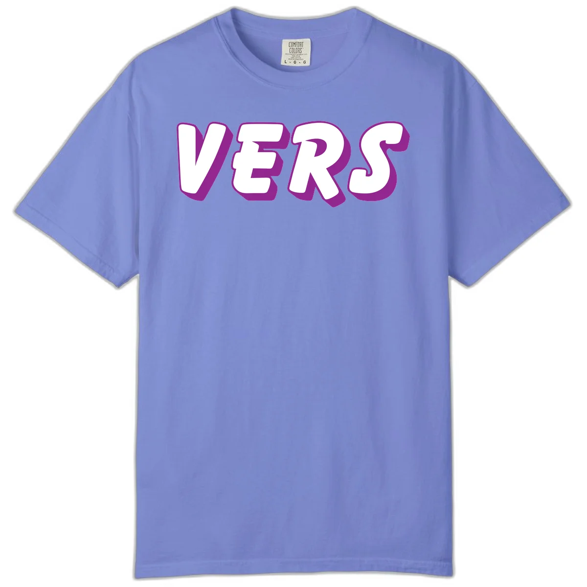 Bold purple and white 3D lettering spelling 'VERS' on gray background, vers pride statement design in Flo Blue