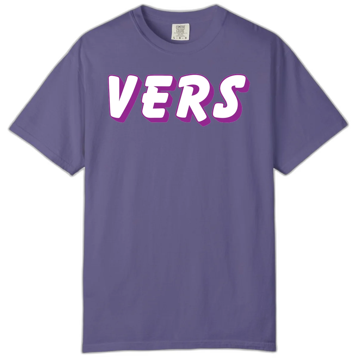 Bold purple and white 3D lettering spelling 'VERS' on gray background, vers pride statement design in Grape
