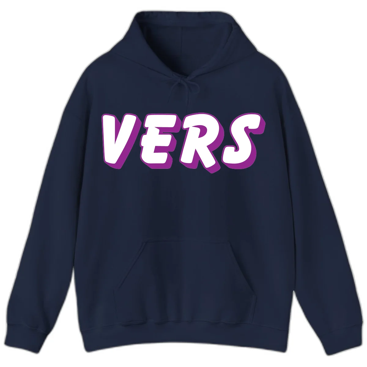 Bold purple and white 3D lettering spelling 'VERS' on gray background, vers pride statement design in Navy