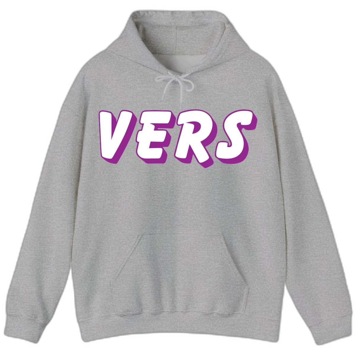 Bold purple and white 3D lettering spelling 'VERS' on gray background, vers pride statement design in Sport Grey