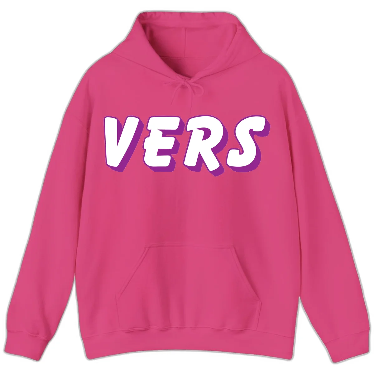 Bold purple and white 3D lettering spelling 'VERS' on gray background, vers pride statement design in Heliconia
