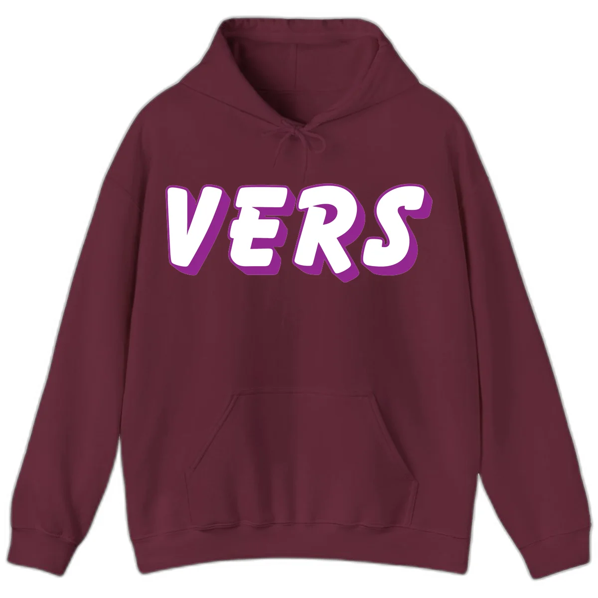 Bold purple and white 3D lettering spelling 'VERS' on gray background, vers pride statement design in Maroon