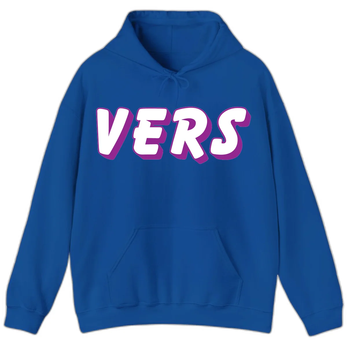 Bold purple and white 3D lettering spelling 'VERS' on gray background, vers pride statement design in Royal