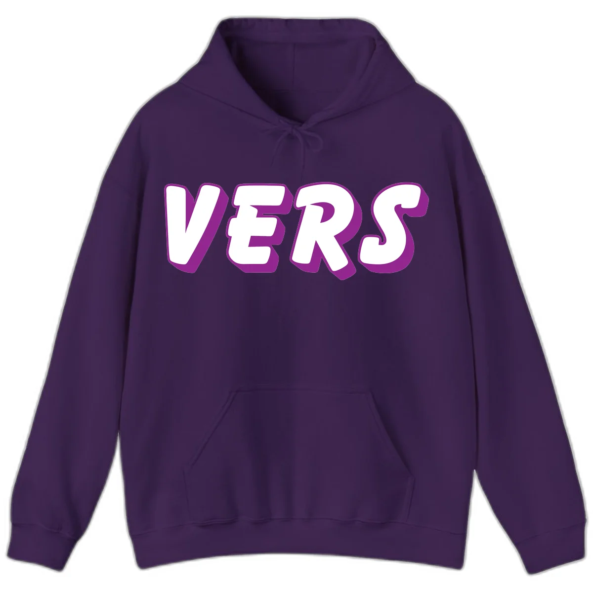 Bold purple and white 3D lettering spelling 'VERS' on gray background, vers pride statement design in Purple