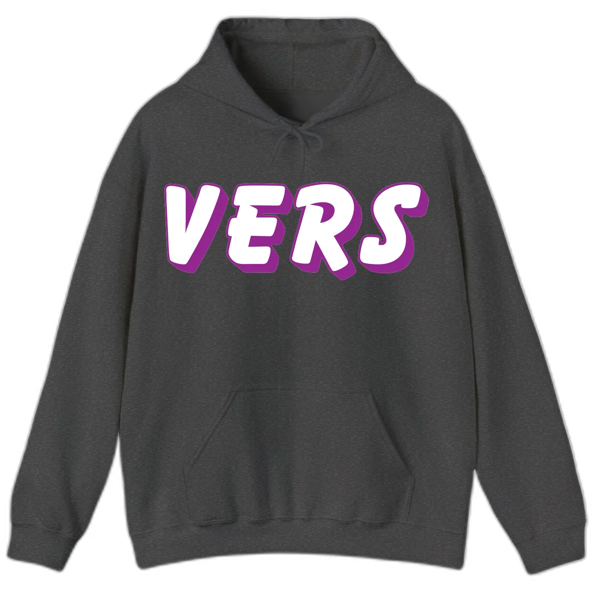 Bold purple and white 3D lettering spelling 'VERS' on gray background, vers pride statement design in Dark Heather
