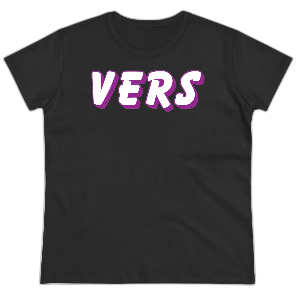 Bold purple and white 3D lettering spelling 'VERS' on gray background, vers pride statement design in Black