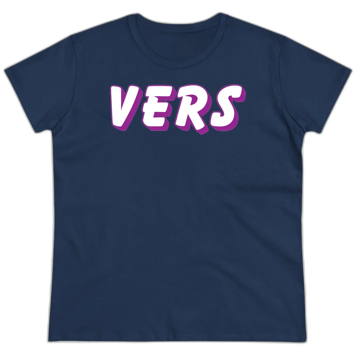 Bold purple and white 3D lettering spelling 'VERS' on gray background, vers pride statement design in Navy