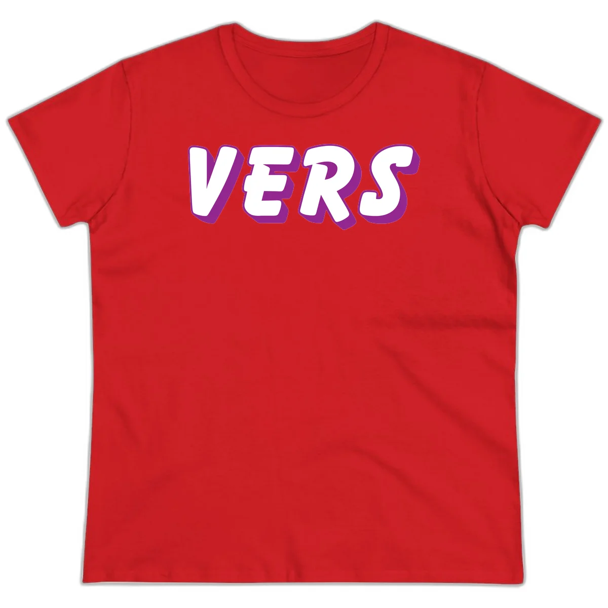 Bold purple and white 3D lettering spelling 'VERS' on gray background, vers pride statement design in Red