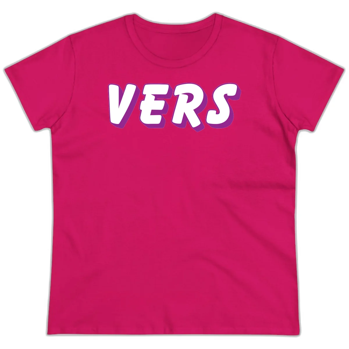 Bold purple and white 3D lettering spelling 'VERS' on gray background, vers pride statement design in Heliconia