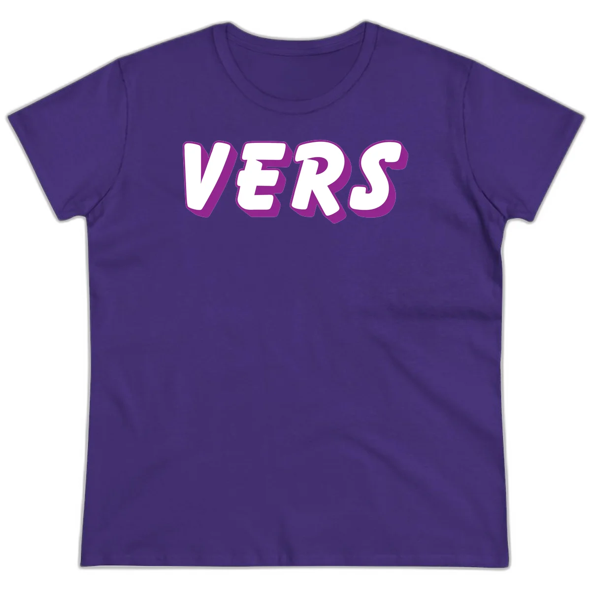 Bold purple and white 3D lettering spelling 'VERS' on gray background, vers pride statement design in Purple