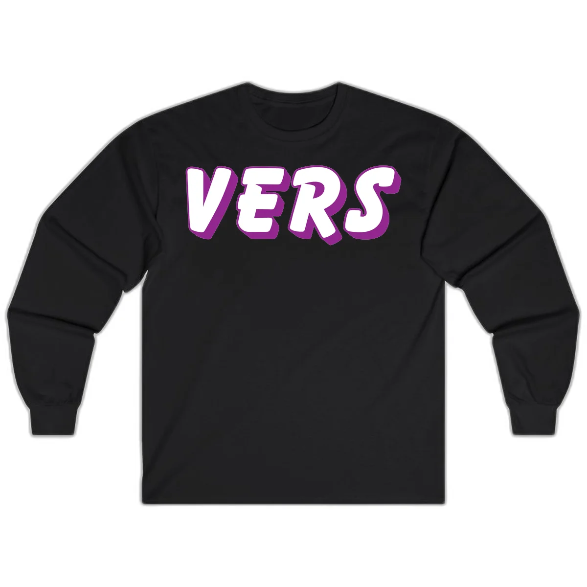 Bold purple and white 3D lettering spelling 'VERS' on gray background, vers pride statement design in Black