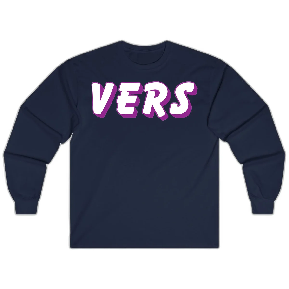 Bold purple and white 3D lettering spelling 'VERS' on gray background, vers pride statement design in Navy