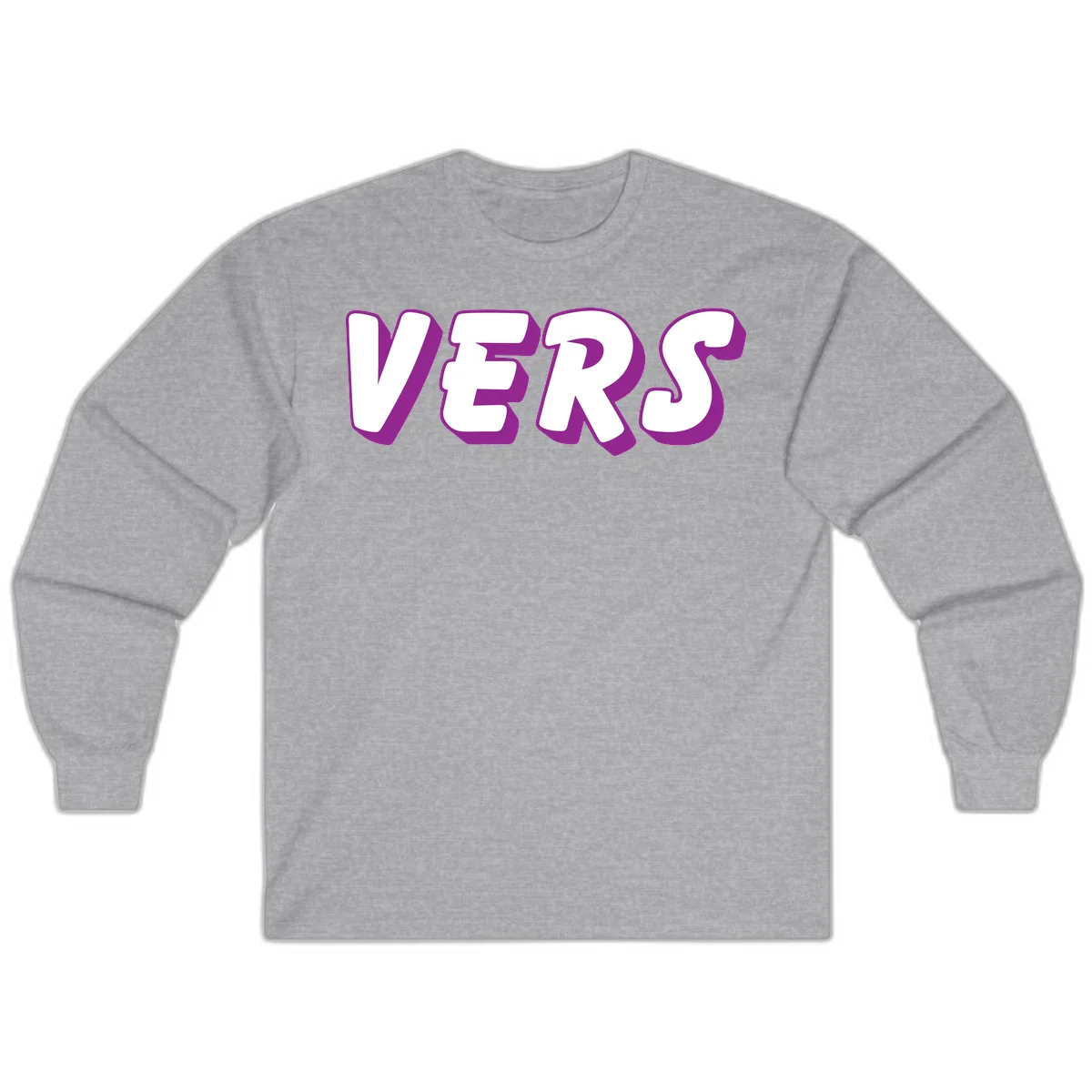 Bold purple and white 3D lettering spelling 'VERS' on gray background, vers pride statement design in Sport Grey