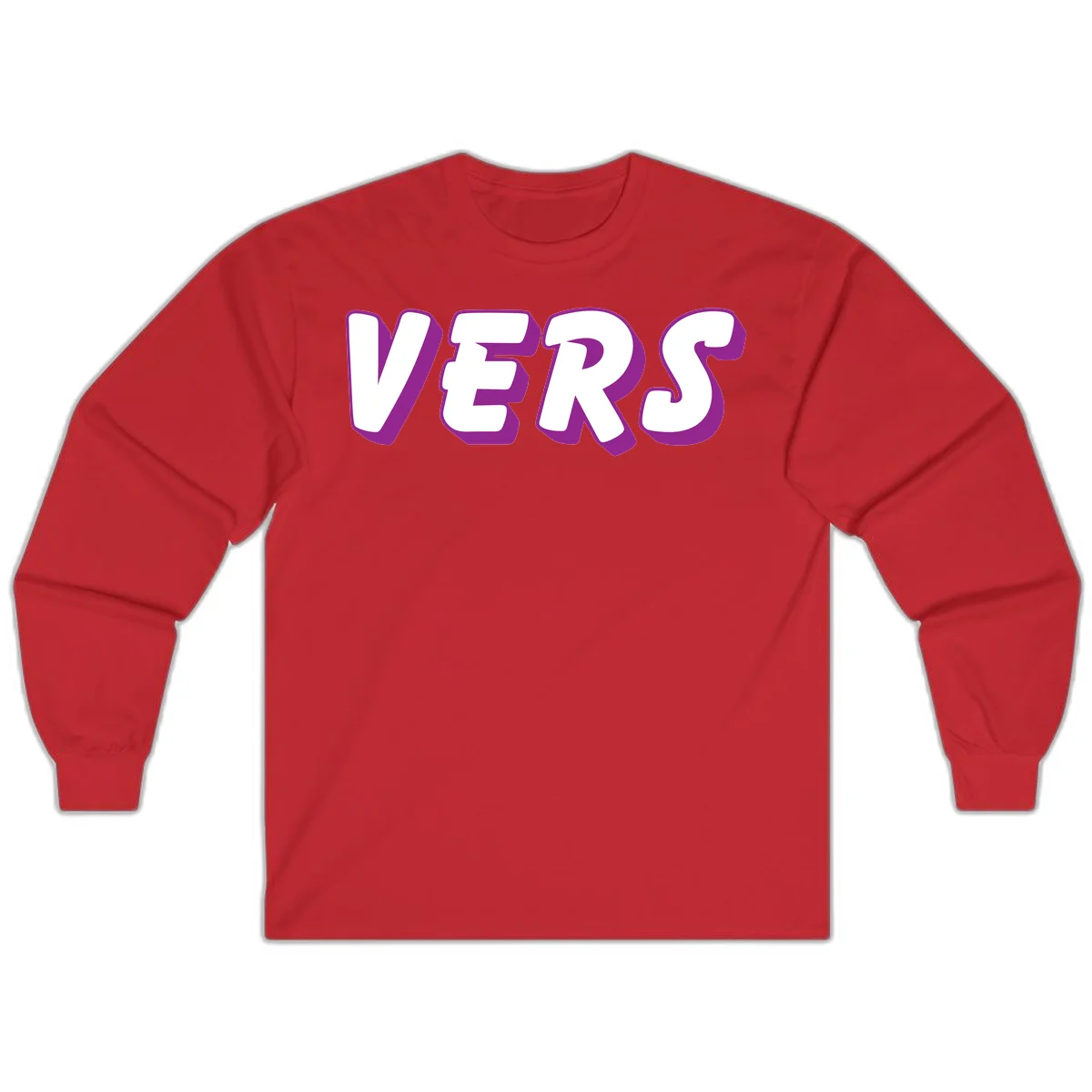 Bold purple and white 3D lettering spelling 'VERS' on gray background, vers pride statement design in Red
