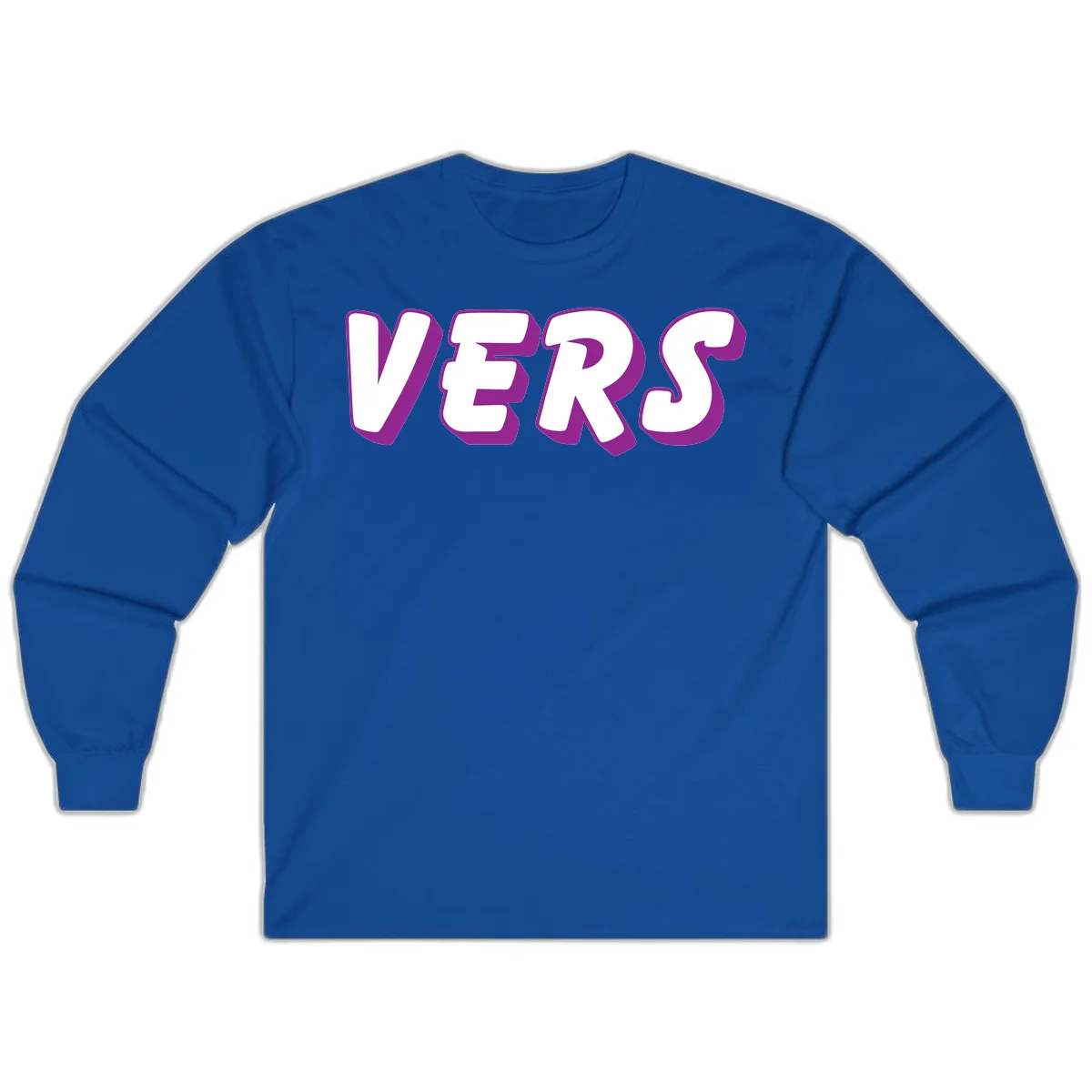 Bold purple and white 3D lettering spelling 'VERS' on gray background, vers pride statement design in Royal