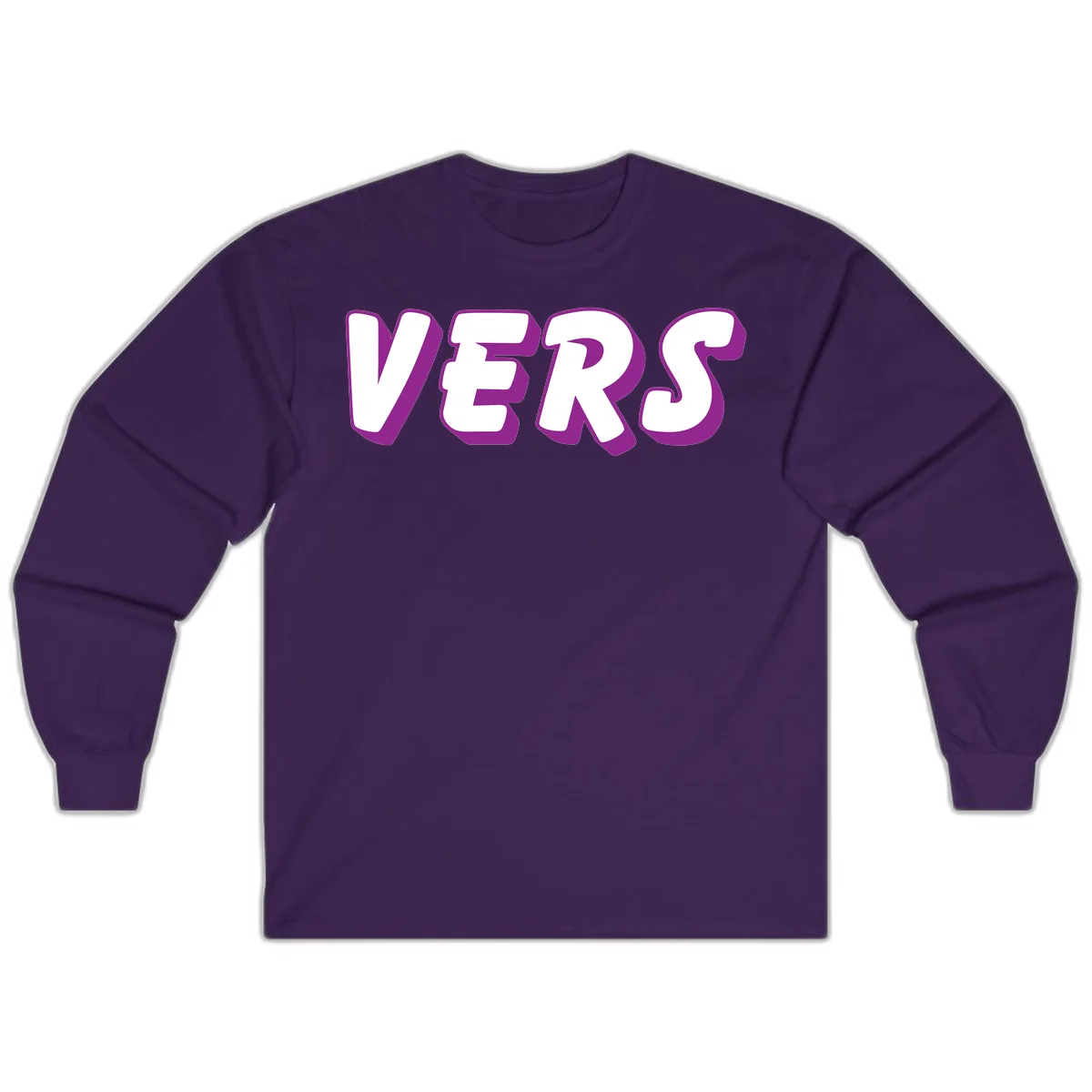 Bold purple and white 3D lettering spelling 'VERS' on gray background, vers pride statement design in Purple